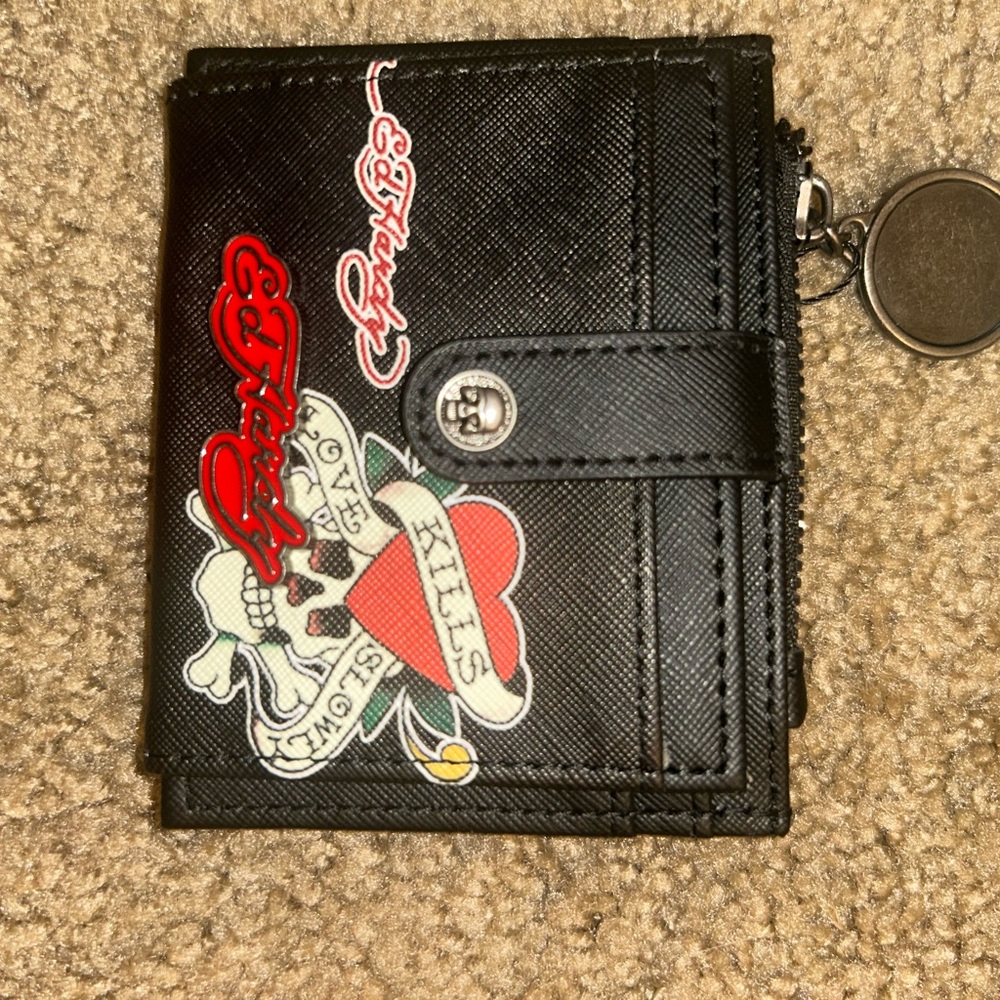 Ed Hardy Black Card Holder with Red Logo